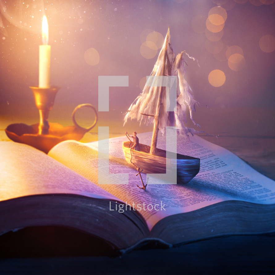 Digital illustration of a boat that is stranded and anchored on the pages of the Bible