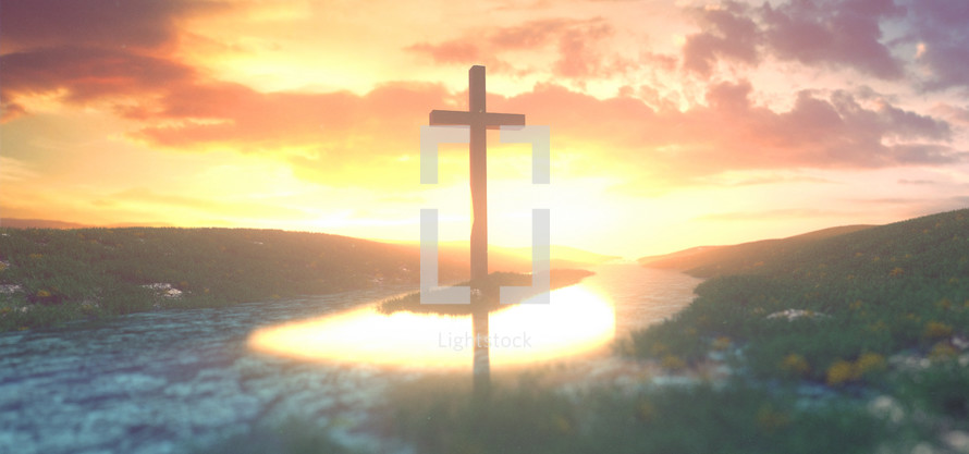 A single cross in a steam during a bright sunset.