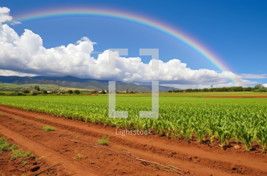 Field with a rainbow appearing after the rain