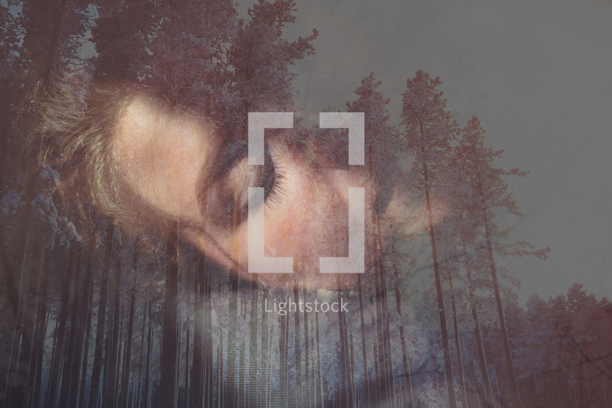 double exposure, forest and woman's face with closed eyes 