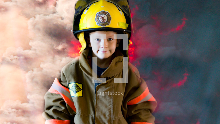 child pretending to be a firefighter 