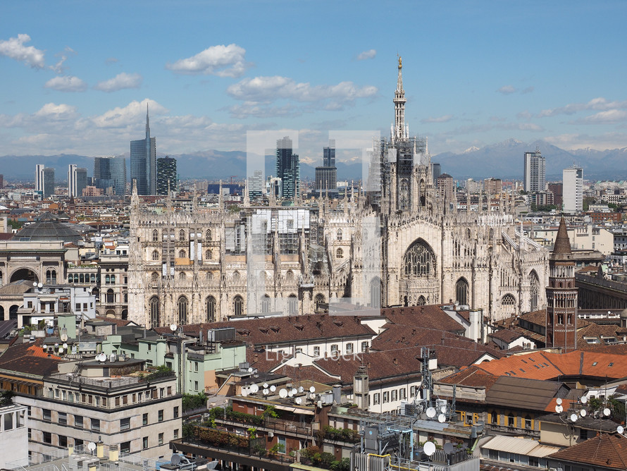 Aerial view of Duomo di Milano gothic cathedral church in Milan, Italy