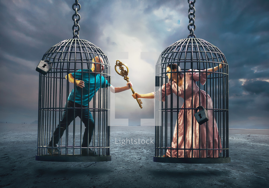 A man and woman are fighting over a key to set them free.