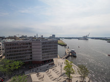 HAMBURG, GERMANY - CIRCA MAY 2017: Aerial view of the city skyline seen from Hafencity