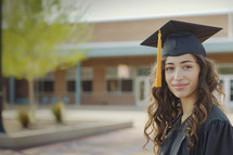 Woman in graduation cap and gown smiling looking at the camera