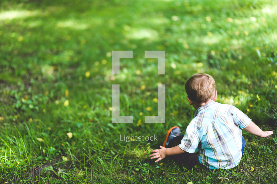 a toddler boy sitting in green grass 