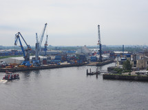 HAMBURG, GERMANY - CIRCA MAY 2017: Hamburger Hafen (Port of Hamburg) sea port on the river Elbe