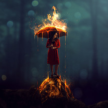 a woman standing under an umbrella of flames 
