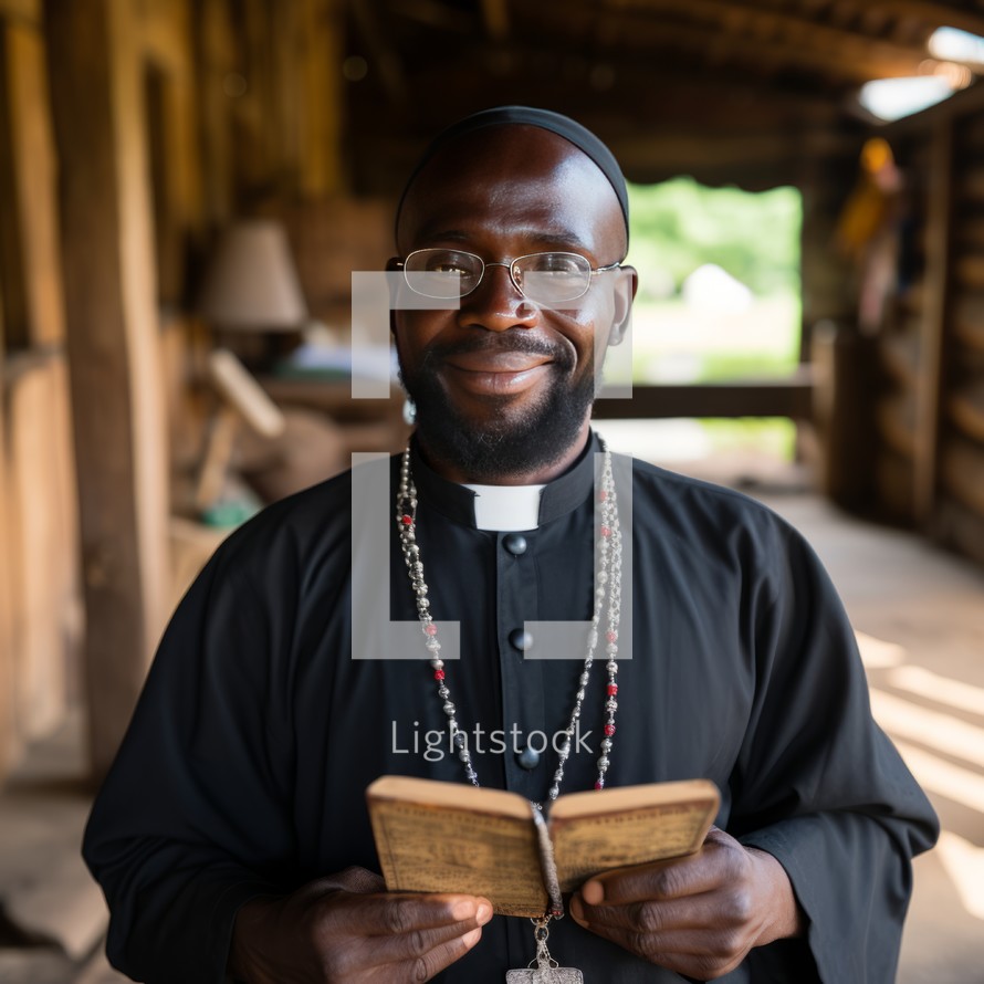 A Catholic priest with a warm smile, holding a Bible and wooden beads with a cross in hand, radiating a sense of faith and spiritual connection