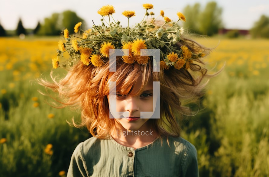 A close-up portrait of an 8-year-old girl with dandelions in her hair, making a wreath while sitting in a field