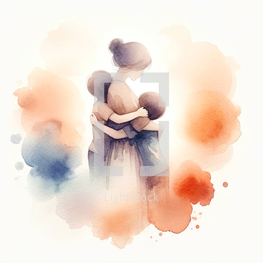  Watercolor illustration of mother hugging her children. Digital art painting.