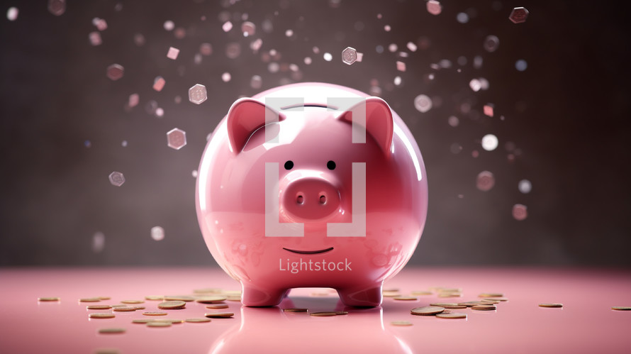 A pink piggy bank with coins and bokeh. 