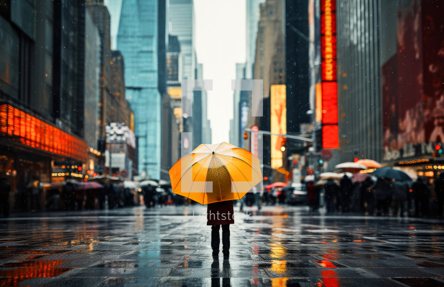 Man with yellow umbrella walking in Times Square, New York City, USA