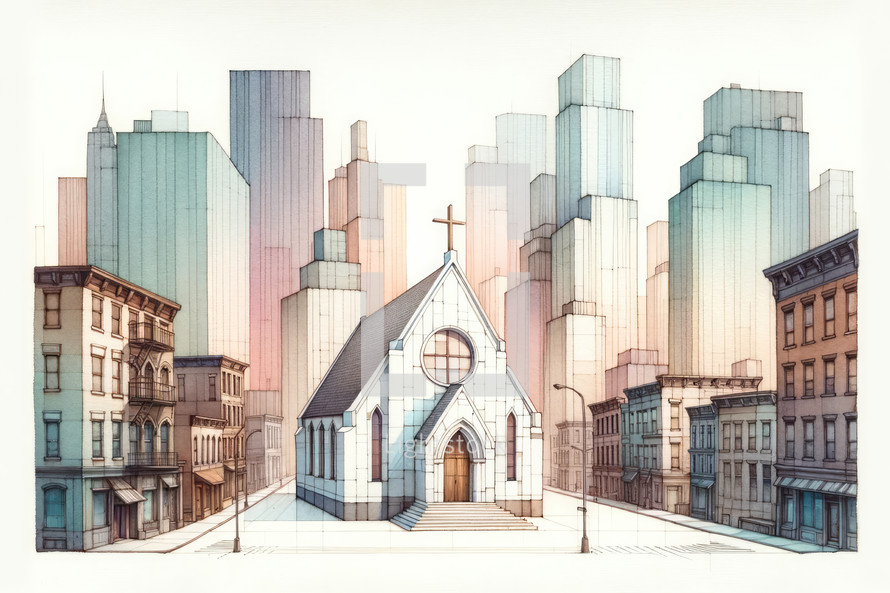 Watercolor painting of a little church in New York, cityscape skyline