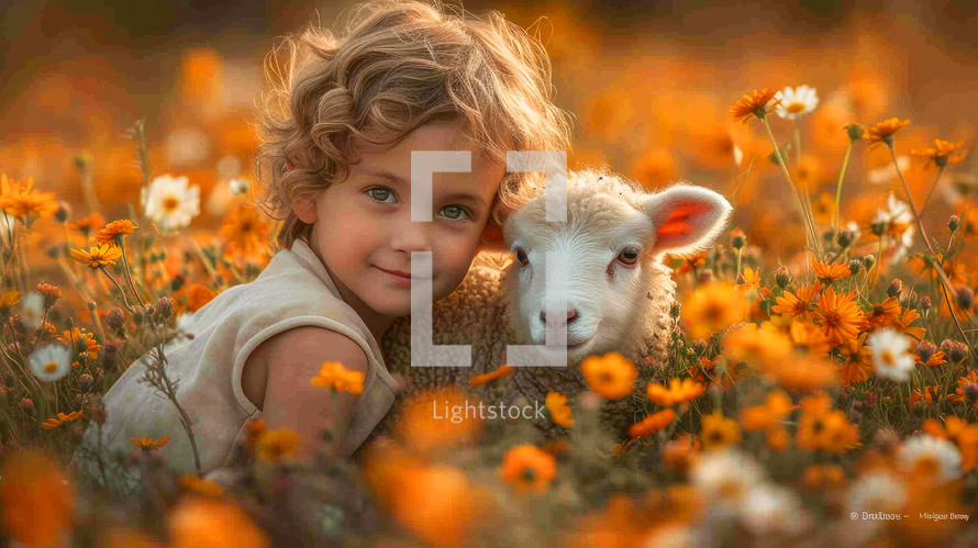 Cute little girl with lamb in the field of calendula