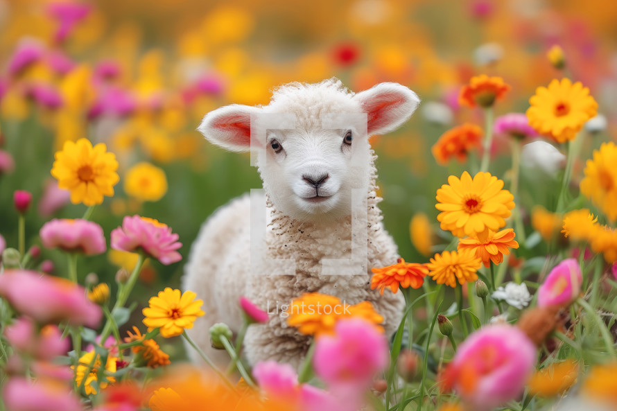  Cute lamb in a field of daisies on a sunny day