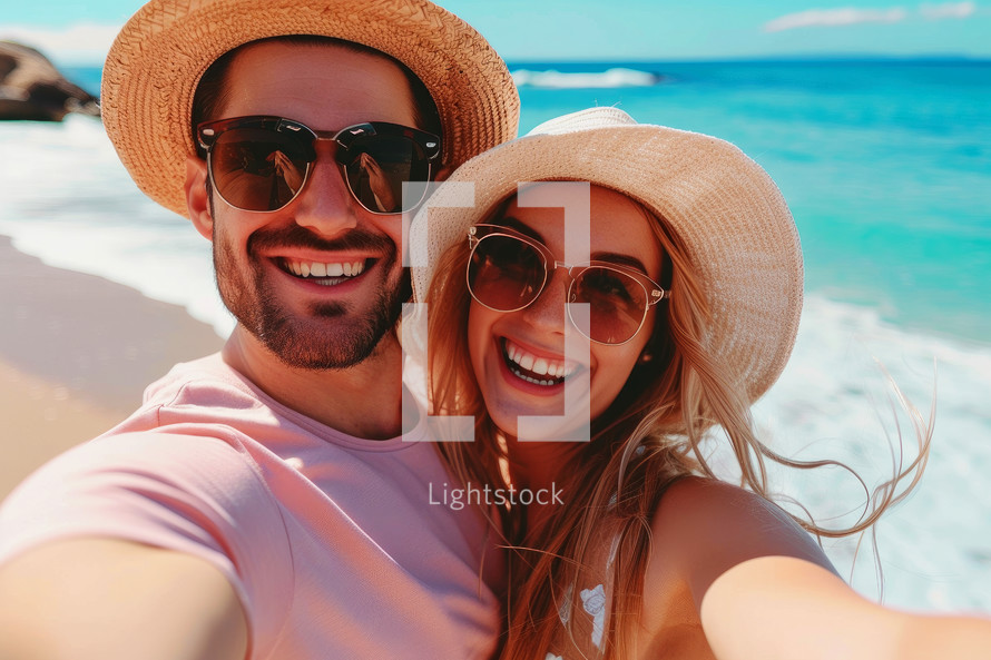 Smiling couple taking selfie with smartphone on beach summer. Holidays, vacation, travel and people concept.