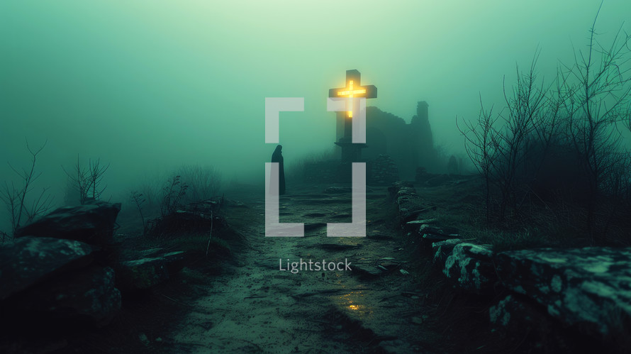 Luminous Cross with a man standing in front of it. Dark, foggy landscape.