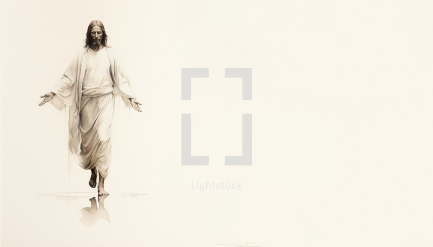 Sketch of Jesus Christ walking on a white background with copy space