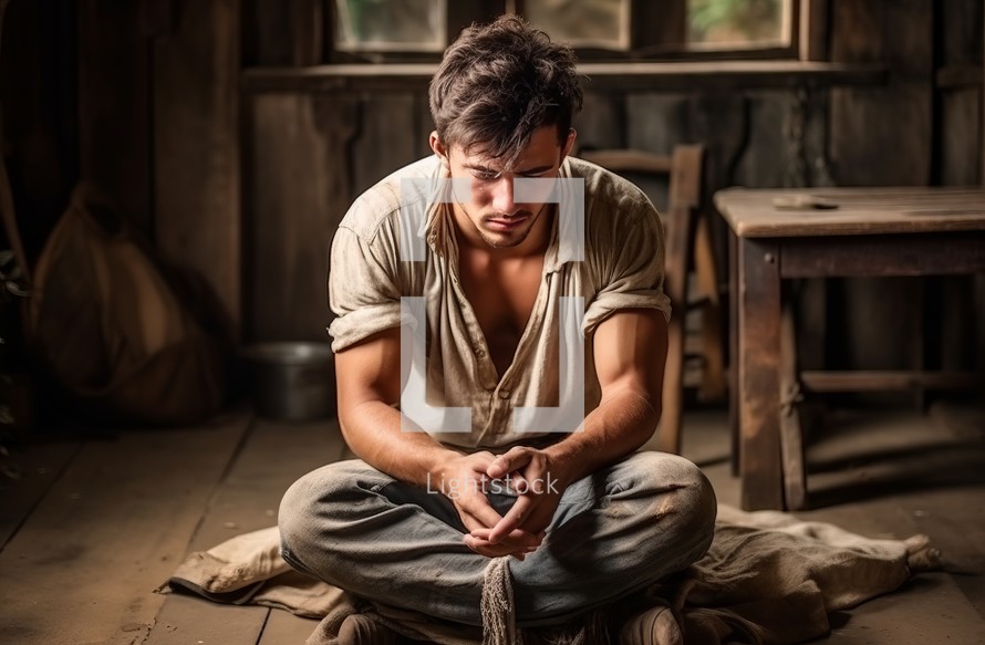 A young man praying in rustic environment