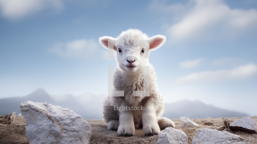A cute little white lamb looks straight at us wondering what's next. A vast sky pans out in the background. 