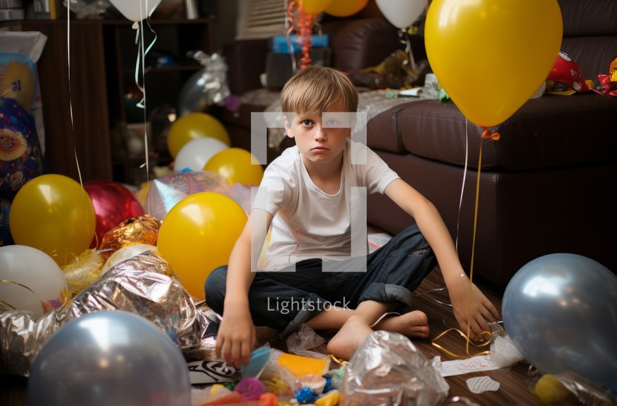A 13-year-old child seated in a messy room after their birthday celebration. Deflating balloons, scattered gifts, and a slightly sad expression create a poignant scene