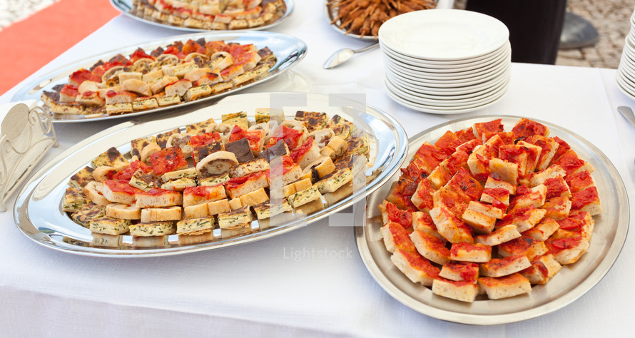 Trays with pieces of tomato pizza, omelets and rustic.