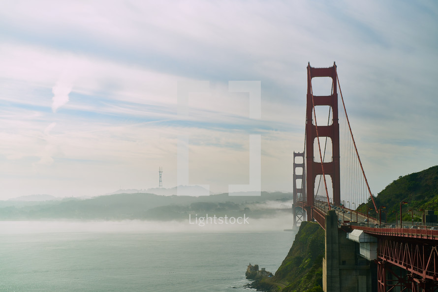 View of the Golden Gate Bridge across the San Francisco Bay.