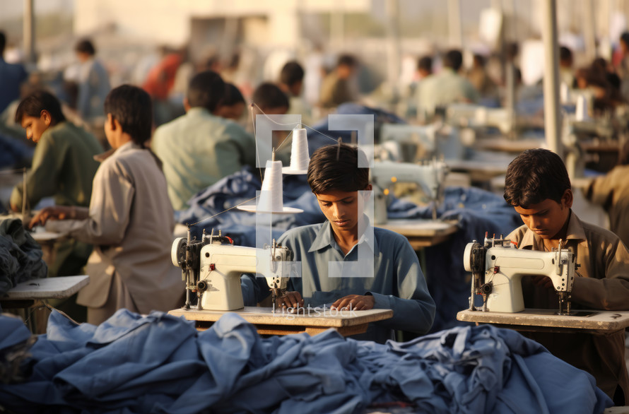 Children sewing clothes in a factory