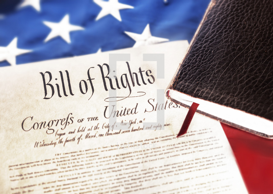 Bill of rights with American flag and Bible