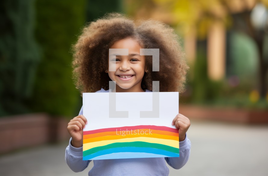 A smiling African girl holds up a hand-drawn rainbow and looks at the camera