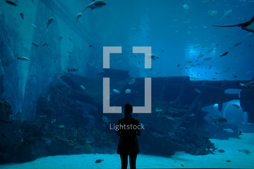 a woman standing in front of an aquarium 