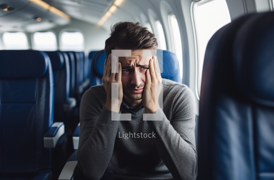 A distressed man on an airplane displaying signs of anxiety or a panic attack, highlighting the challenges of air travel for some individuals
