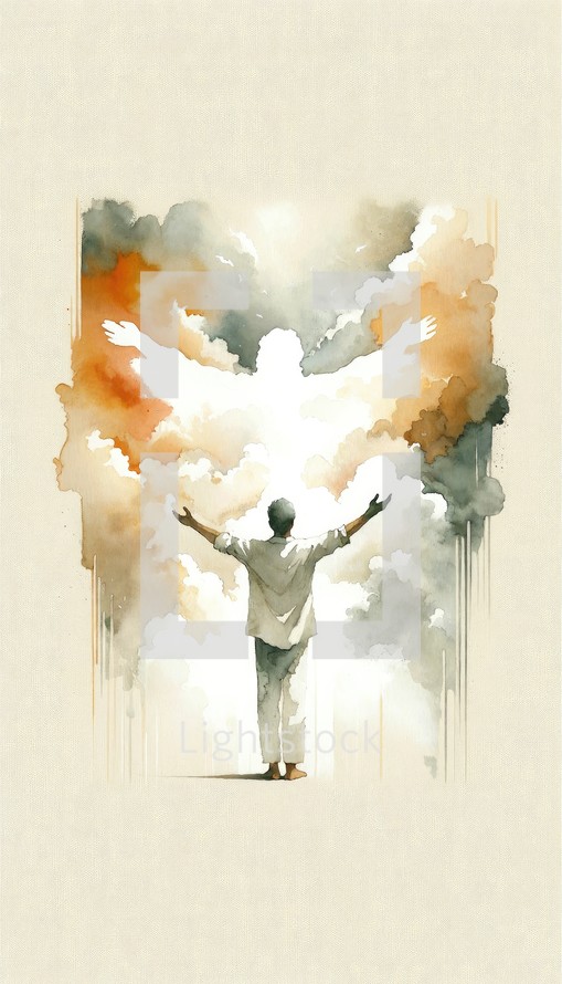 Man with arms outstretched standing in front of a cloud of smoke with silhouette of an angel.