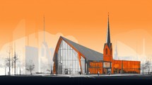 Christian architecture. Illustration of a modern church with geometrical shapes 