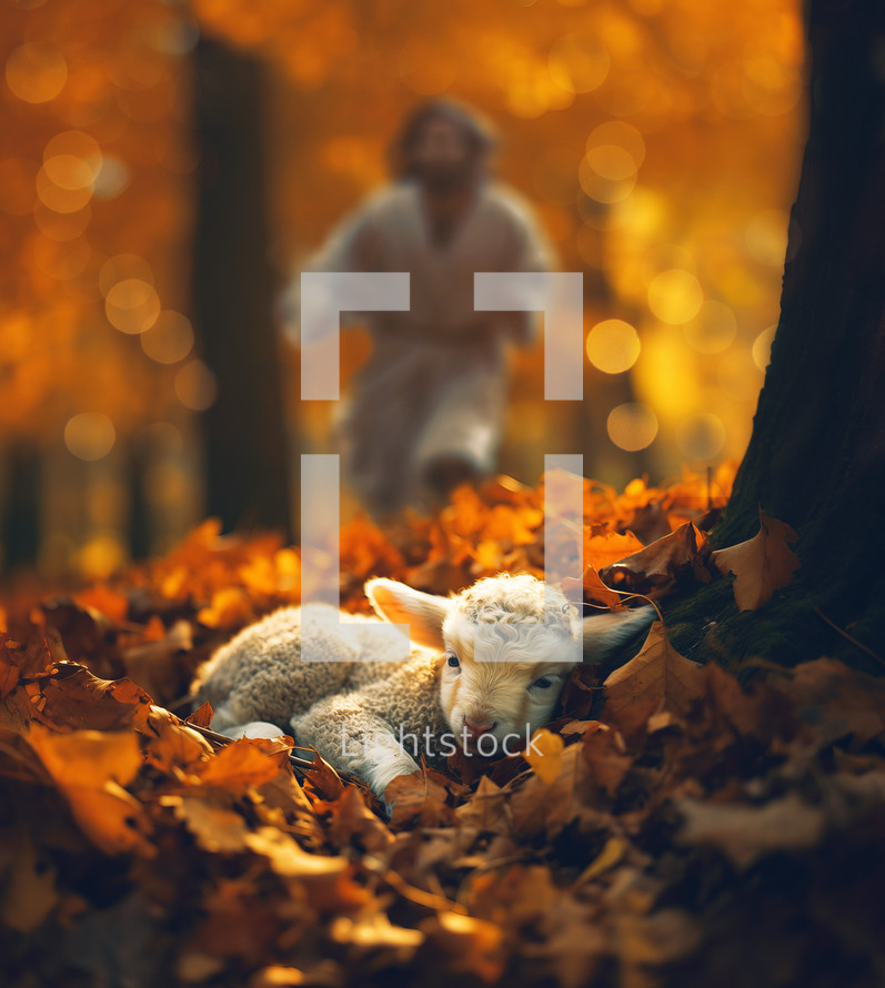 Jesus rescues the lost lamb in the autumn forest.