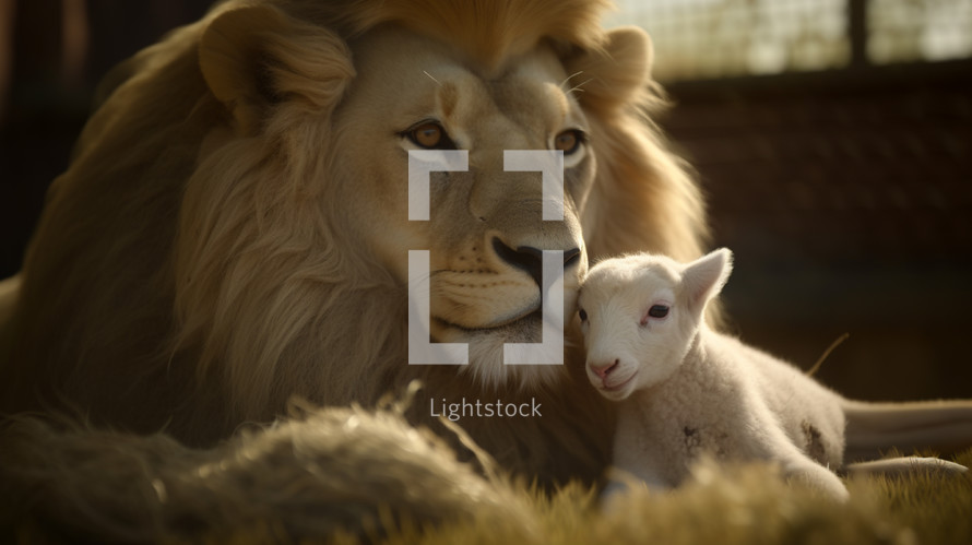 Closeup portrait of lion protecting a little lamb. 