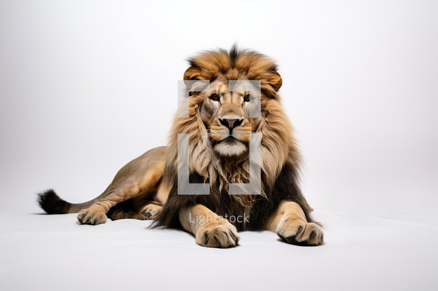 Lion posing in front of a white backdrop