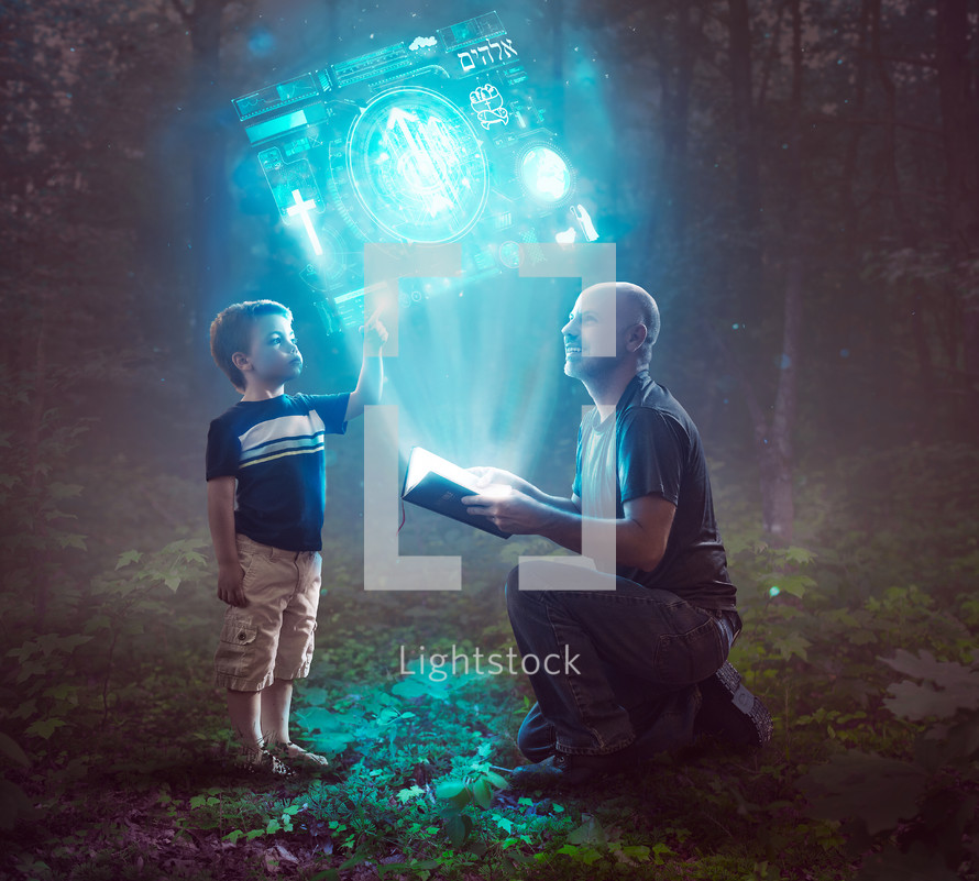 A father and son open up a new technological Bible and see a bright glowing blue display