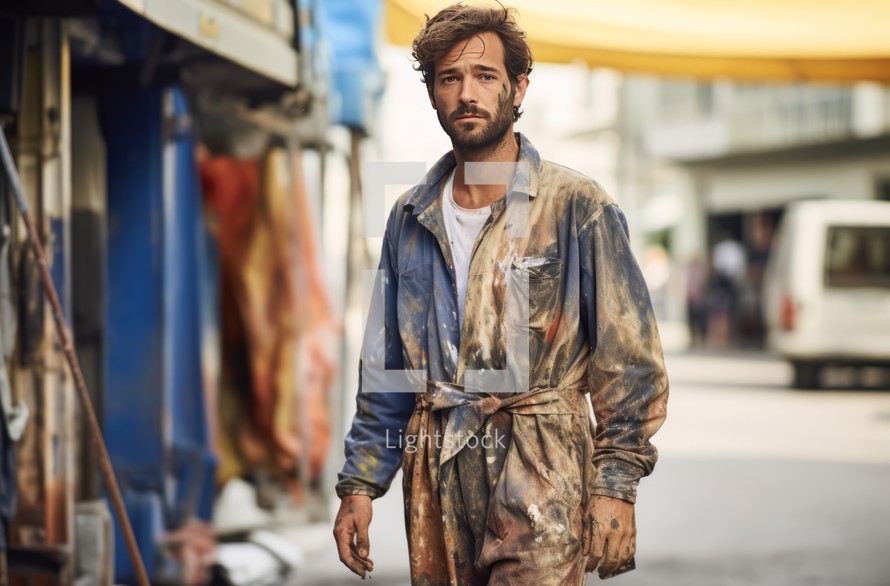 A 30-year-old male painter walking down the street with paint-stained clothes and visible traces of his artistic work, embodying the creative spirit