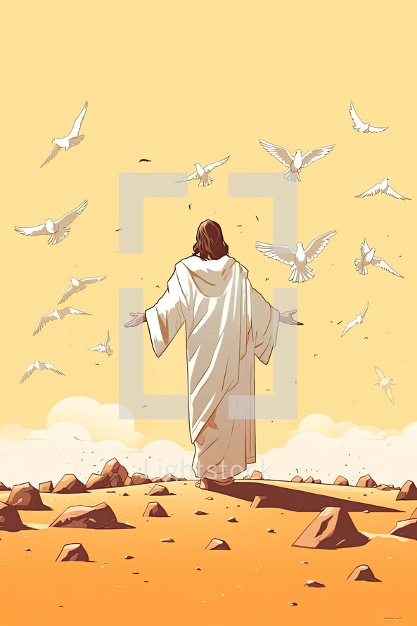 Jesus preaching, Look at the birds, illustration