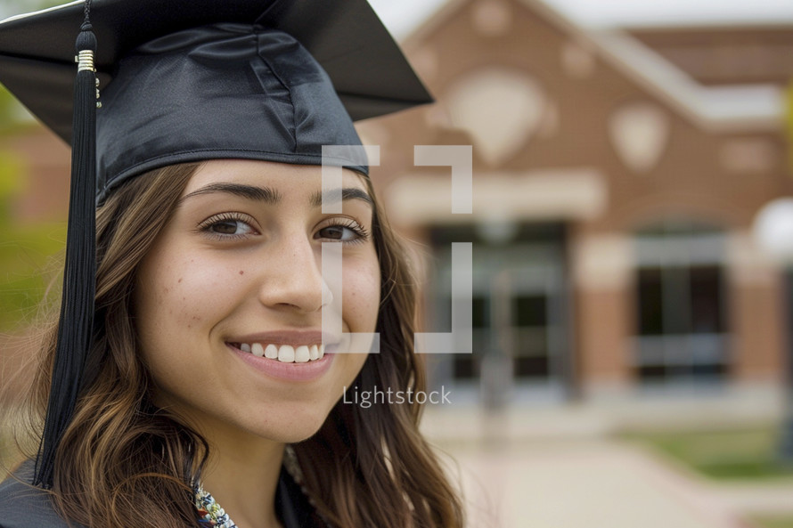 Woman in graduation cap and gown smiling looking at the camera