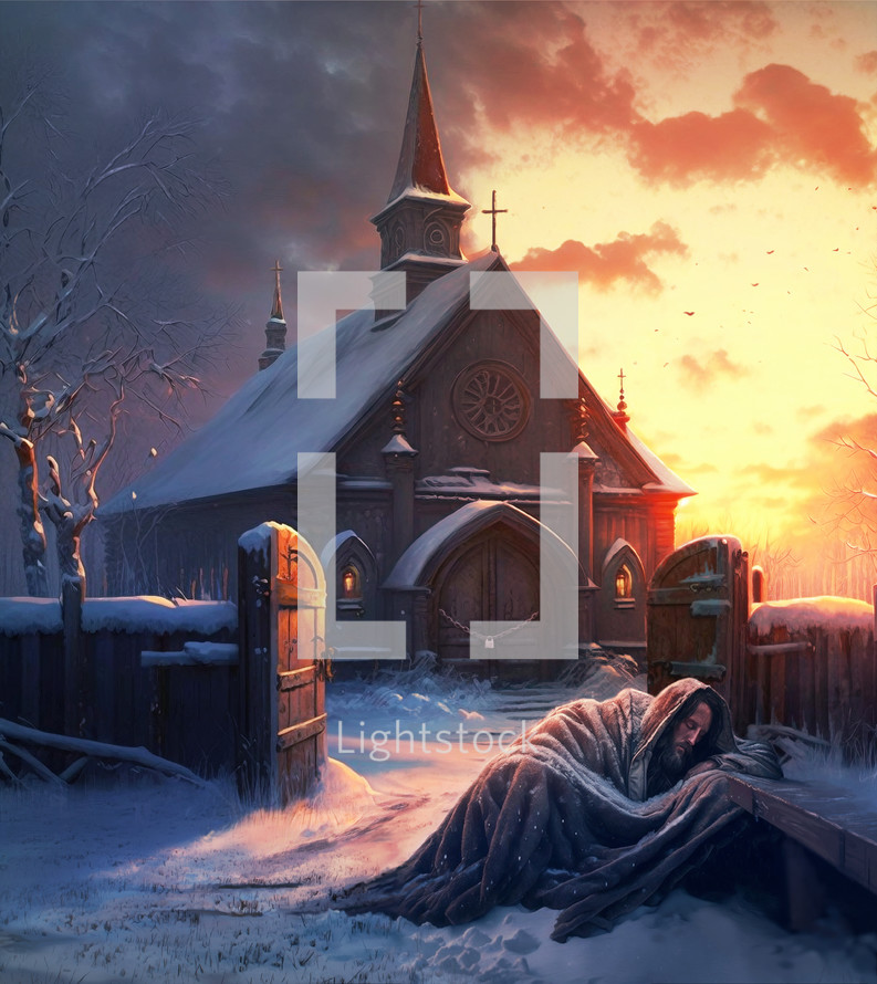 Digital painting of Jesus being left out of a locked church.