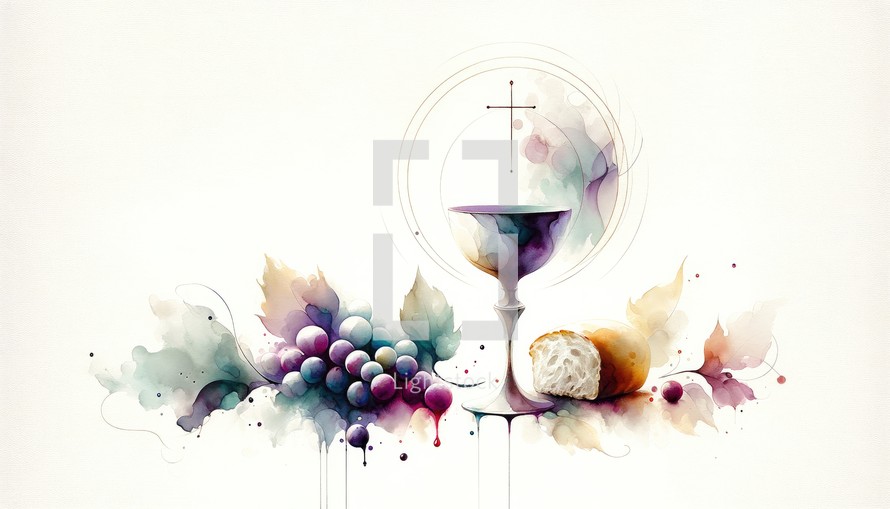 Eucharist. Corpus Christi. Sacred chalice with wine, grapes and bread on white background. Digital watercolor painting.

