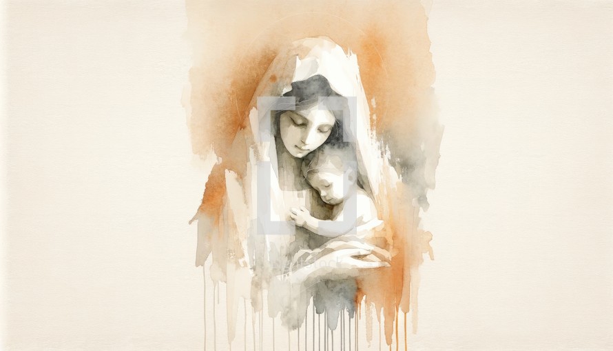 Motherhood. Watercolor painting of a beautiful mother with her baby in her arms. Mother Mary with Baby Jesus.

