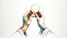 Eucharist. Corpus Christi. Hands holding the sacred host. Digital illustration.

