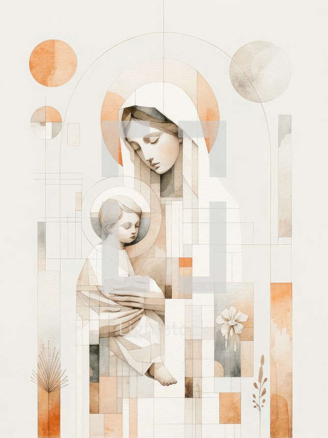 Motherhood. Digital illustration of mother Mary and her baby Jesus Christ with abstract design background. Digital illustration. Soft tone.

