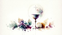 Eucharist. Corpus Christi. Sacred chalice with wine, grapes and bread on white background. Digital watercolor painting.

