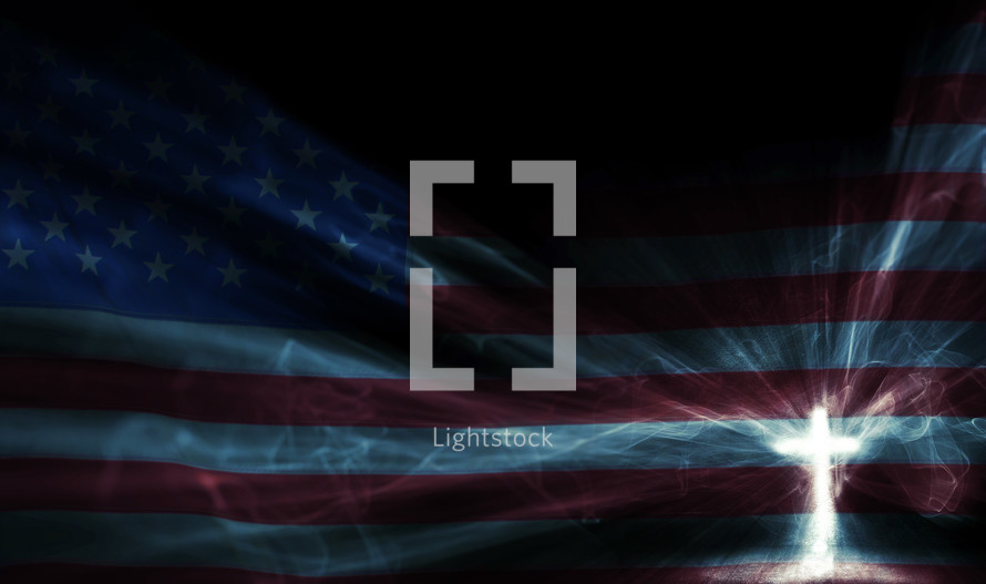 American flag and cross in light