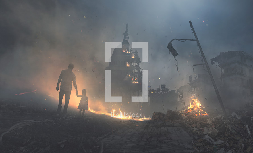 A father and child walk into a destroyed city and government buildings.